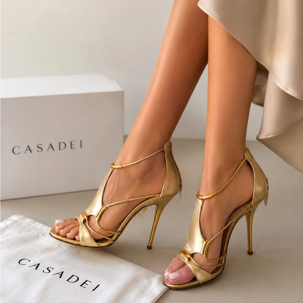 Casadei Metallic Gold High-Heel Strappy Sandals